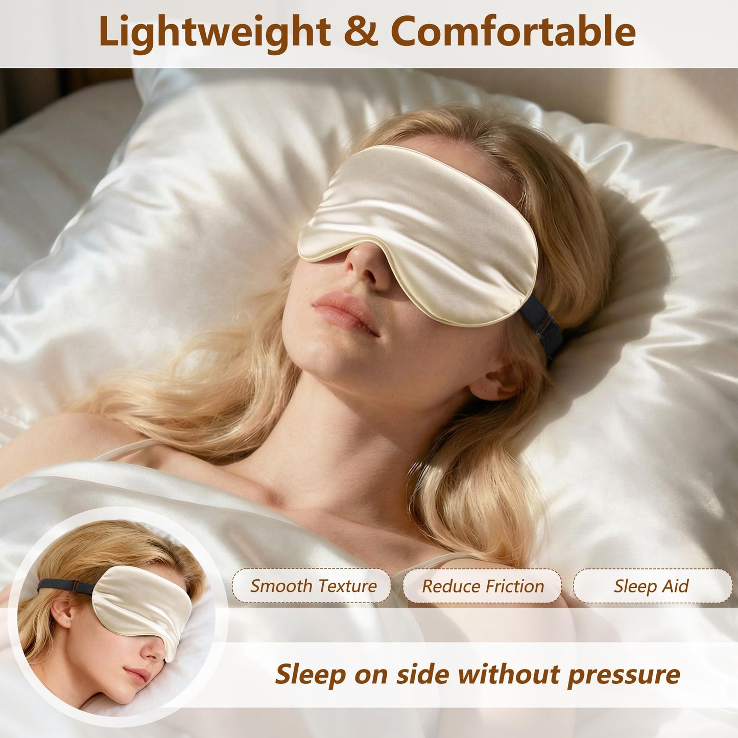 Loomluxe Sleep Mask Silk Eye Mask for Men Sleeping Mask, Adjustable Elastic Strap for Night Shading Sleep Mask, Soft and Comfortable for Both Men and Women (Champagne)