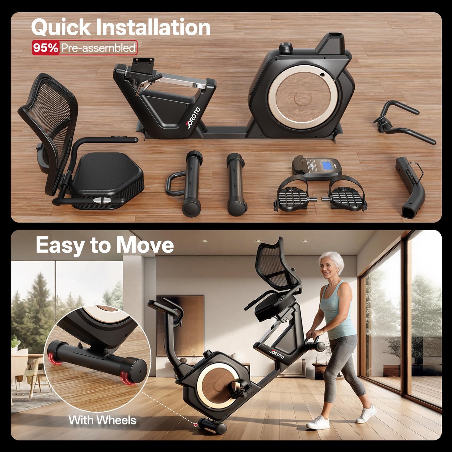 JOROTO Recumbent Exercise Bike for Home, Magnetic Recumbent Bike for Seniors Adults, 400LBS Capacity, Wide Cushioned Seat & Back with Smart APP, Backlit LCD Monitor, Heart Rate Handle