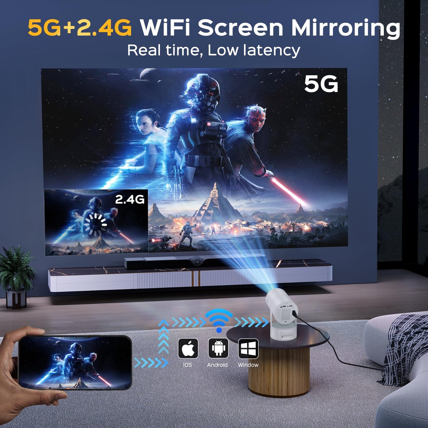 Mini Projector With Wifi & Bluetooth, Auto Keystone & Electric Focus, 270 Rotation Rechargeable Portable Outdoor Projector, Nati