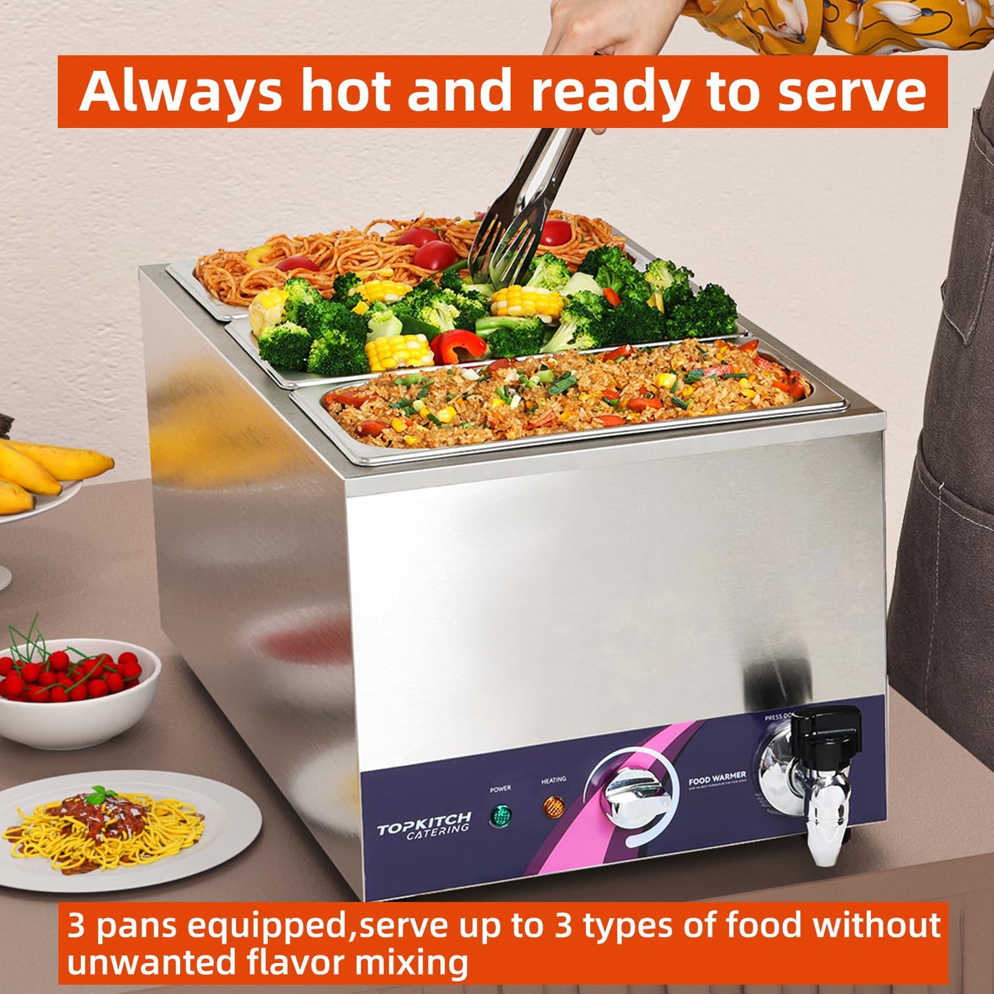 TOPKITCH 3-Pan Commercial Food Warmer with Non-Leakage Stretch-Forming Water Tank &3 of 1/3 Size GN Pan,Countertop Soup Station Bain Marie with Drain Tap for Buffet,Catering,Parties and Restaurants