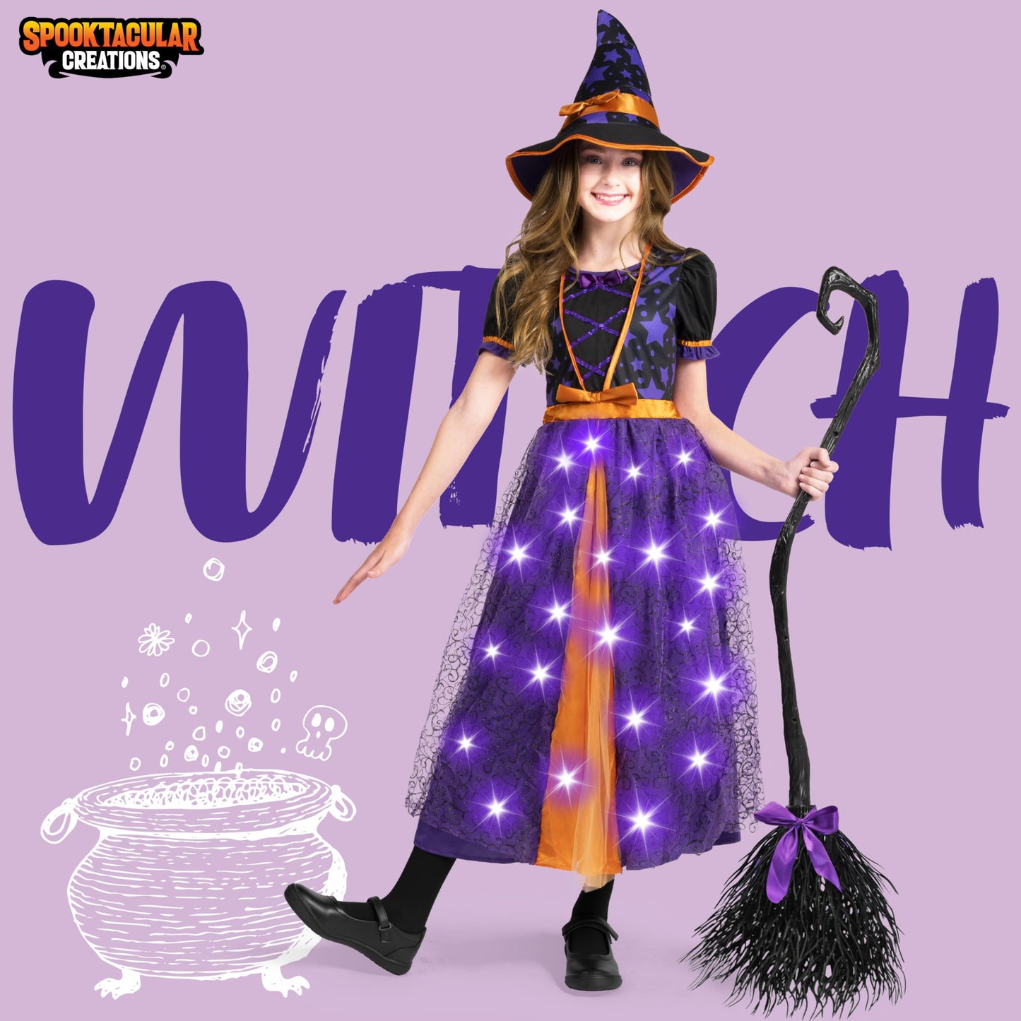 Spooktacular Creations Light Up Witch Costume for Toddler Girls, Child Fairy Tale Witch Outfit Set with Broom and Hat for Kids Halloween Dress Up Parties, Purple, S