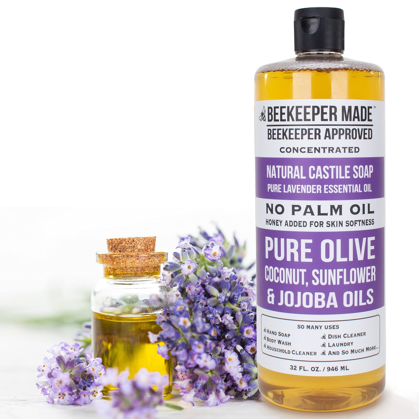 Beekeeper Made Natural Castile Soap, 32 fl oz | No Palm Oil, 8 Ingredients, Pure Olive, Coconut, & Sunflower Oils, GMO Free, For
