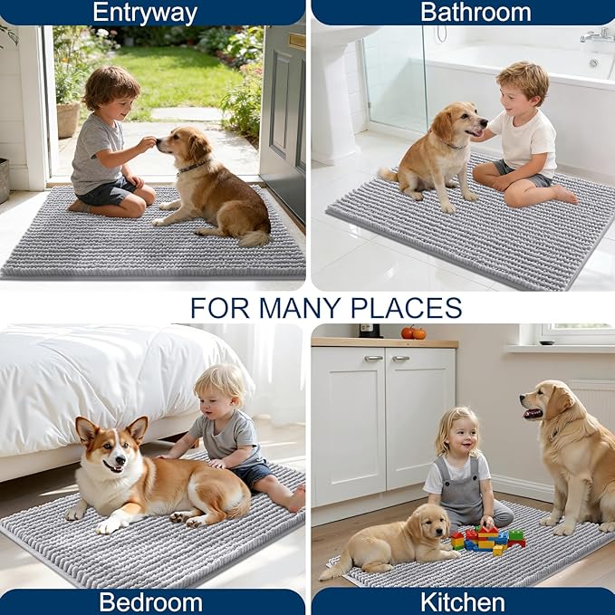 OLANLY Dog Door Mat for Muddy Paws 47x17, Ultra Absorbent Chenille Mud Doormat, Non-Slip Washable and Dirt Trapping Doormat for Indoor Entryway, Quick-Dry Indoor Pet Bed Mats for Dogs, Light Grey