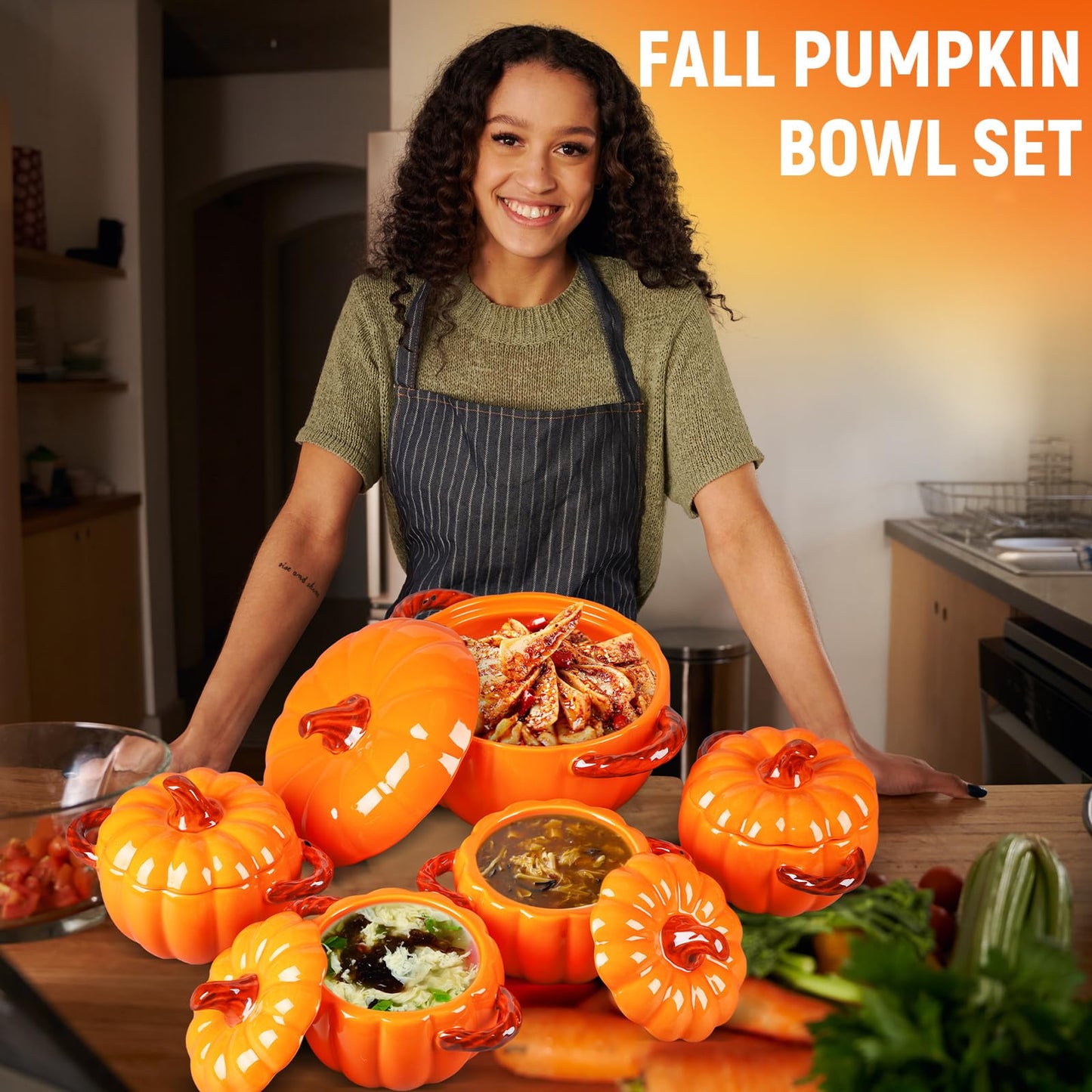 Maxdot Set of 5 Ceramic Pumpkin Bowls with Lid and Handles Pumpkin Shape Soup Serving Pot Storage Jar for Fall Thanksgiving Halloween Party Kitchen Dessert Decoration 17Oz & 54Oz (Orange)