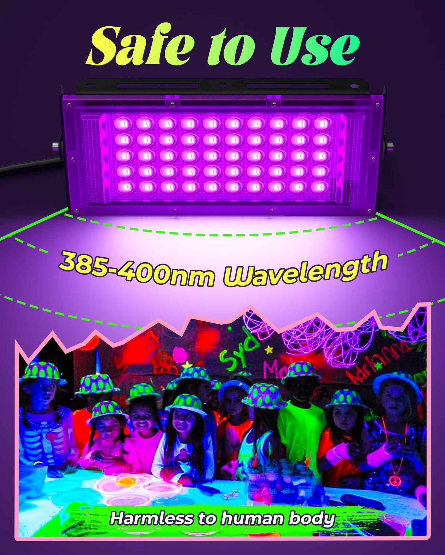 2 Pack 50W LED Black Light, Blacklight Flood Light for Glow Party IP66 Waterproof, Outdoor Black Lights with Switch&Plug for Halloween, Glow in The Dark, Neon Party, Fluorescent Poster, Birthday