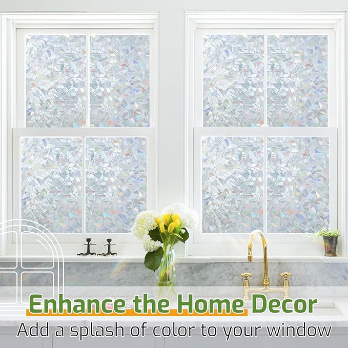 LUTE Window Privacy Film, Rainbow Window Flim, 3D Decorative Stained Glass Cling, Non-Adhesive Vinyl Static Cling UV Blocking Heat Control One Way Glass Covering for Home, Silver, 23.6 x 157.4 inches