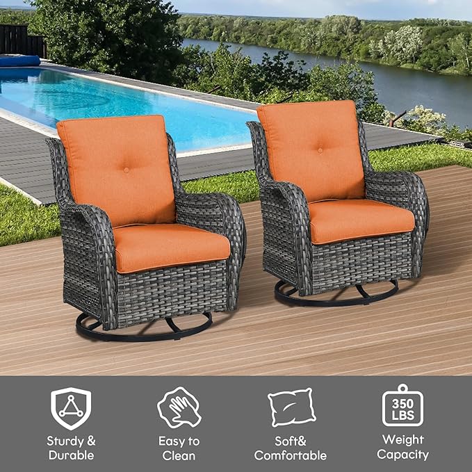 Belord Outdoor Swivel Rcoker Wicker Chairs - Swivel Patio Chairs Set of 2 Patio Furniture Sets with Covered Cushion for Porch Deck Balcony Backyard, Orange Cushion