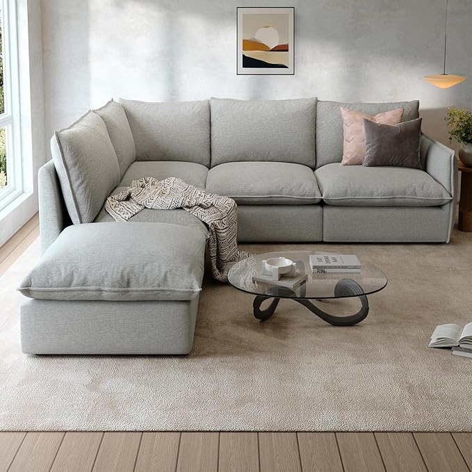 Gtilzria Waterproof Cloud Sectional Sofa for Living Room,High Backrest Down Filled Couches,5 Seater Oversized Modular V-Shaped Sofa,Detachable Couch Covers,Light Grey
