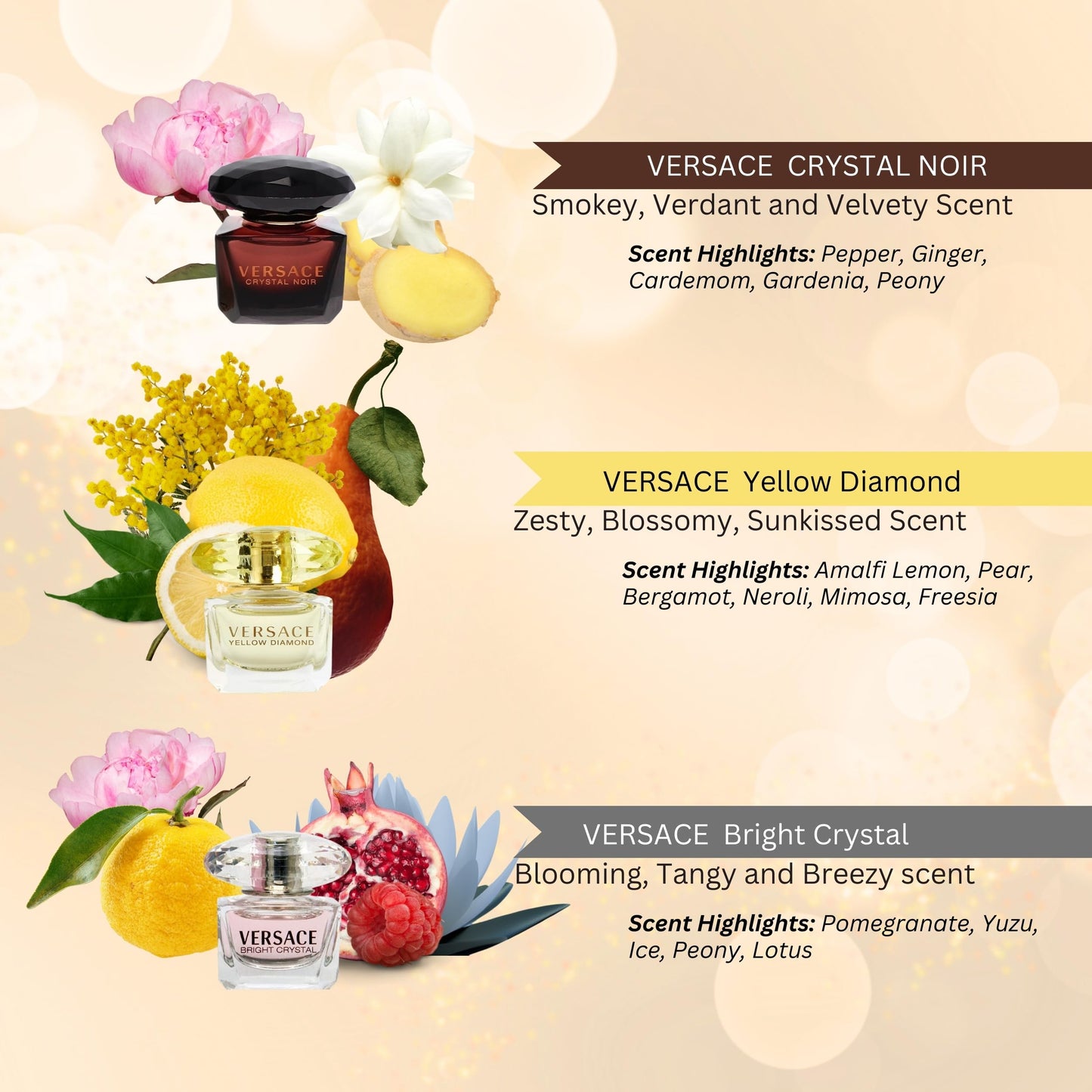 Versace Perfume for Women Variety 3-Piece Mini Gift Set – Yellow Diamond, Crystal Noir, Bright Crystal