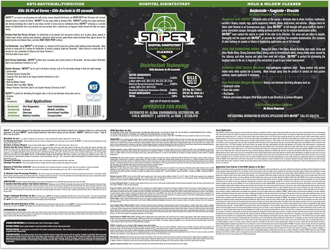 SNiPER Hospital Disinfectant, Odor Eliminator & All-Purpose Cleaner, 4 Ounce Spray, 2-Pack
