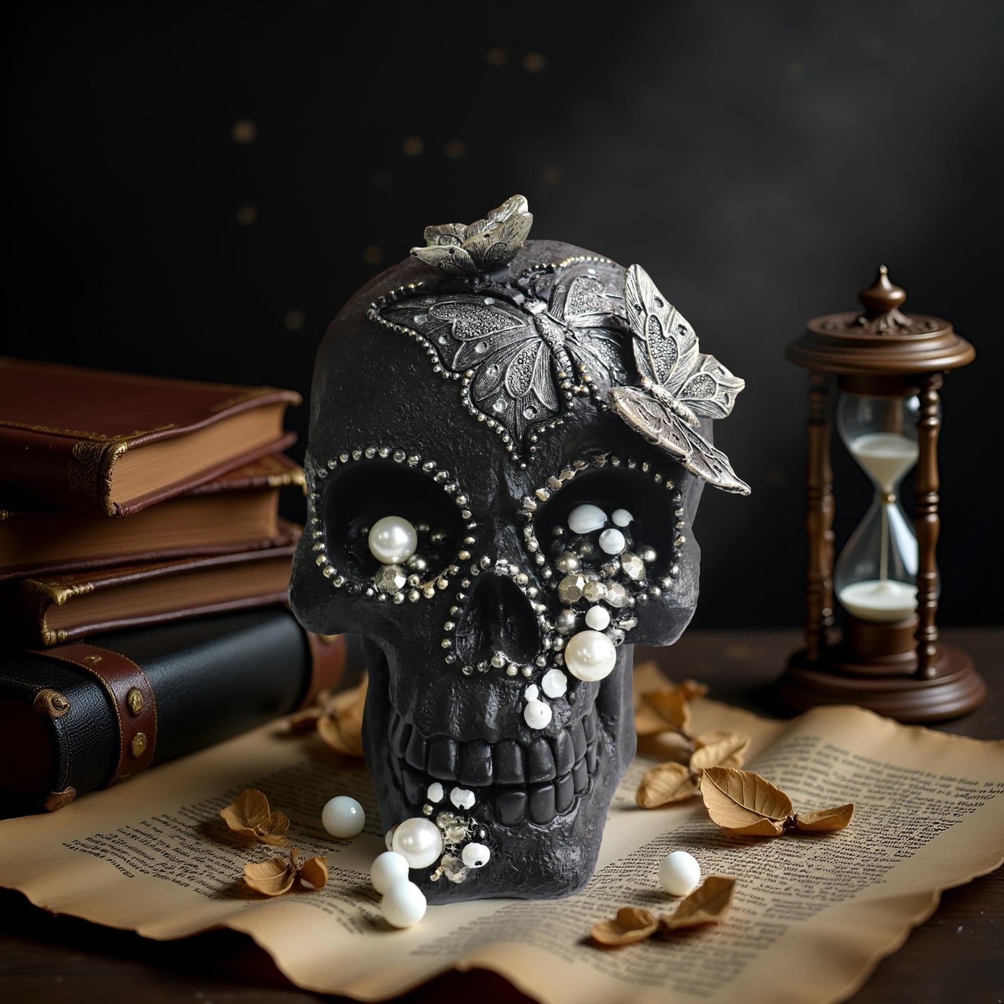 LAIKEARTS Resin Skull Head Decor Statue, Life Size Skull Halloween Decoration Home Decor Party Decorations,Skull Collectible Figurines,Adult Head Bone Model,Halloween Statue(Black)