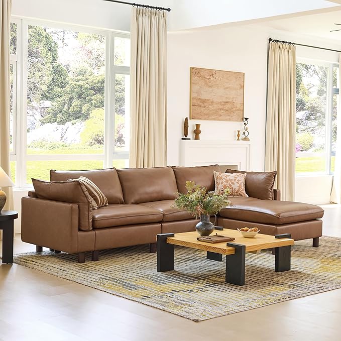 CHITA 127" Super Large Sectional Couches for Living Room, Modular Cloud Couch Sectional Sofa, Premium Genuine Leather Sofa, Down Filled, High Density Foam, Real Leather in Saddle, 3 Seater