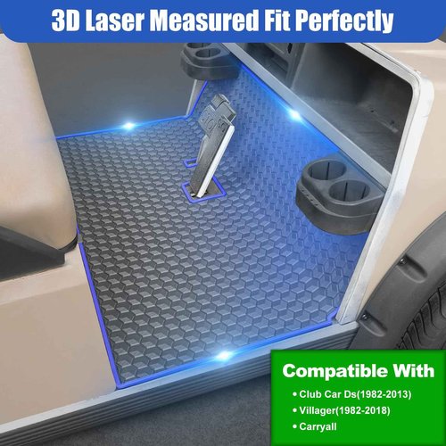 Golf Cart Mat for Club Car Ds Floor Liner Unique Cube Square Patent Design Fits Club Car DS 1982-2013 / Villager 1982-2018 Blue Trim