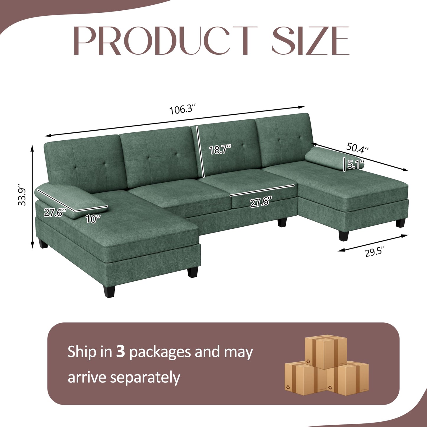 Shintenchi U-Shaped Sectional Couches for Living Room, 4 Seat Sofa with Double Chaise Lounges,Solid Wood Frame Sectional Sofa for Apartment,Green