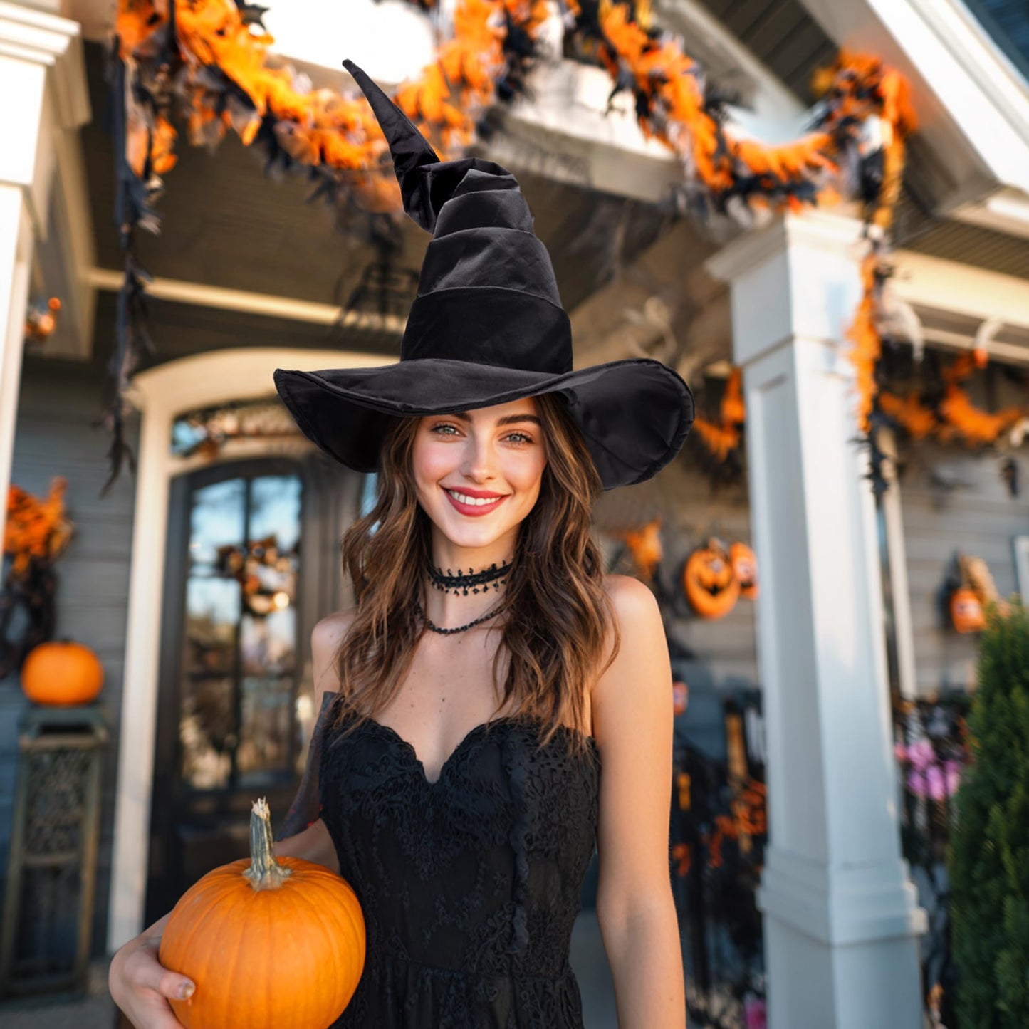 Ibeauti Women Halloween Witch Hat Long Ruched Black Witch Costume Hat Accessory (Black)