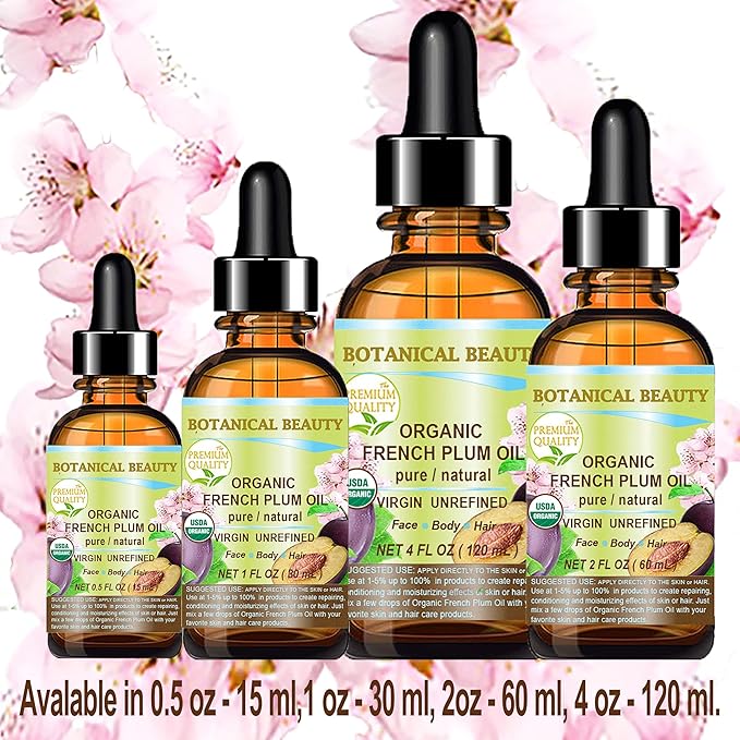 Botanical Beauty Organic French PLUM OIL 100% Pure Natural VIRGIN UNREFINED Cold-Pressed Carrier Oil 4 Fl oz 120 ml for Face, Skin, Body, Hair, Lip, Nails. Rich in Vitamin E, Omega 6, Omega 9