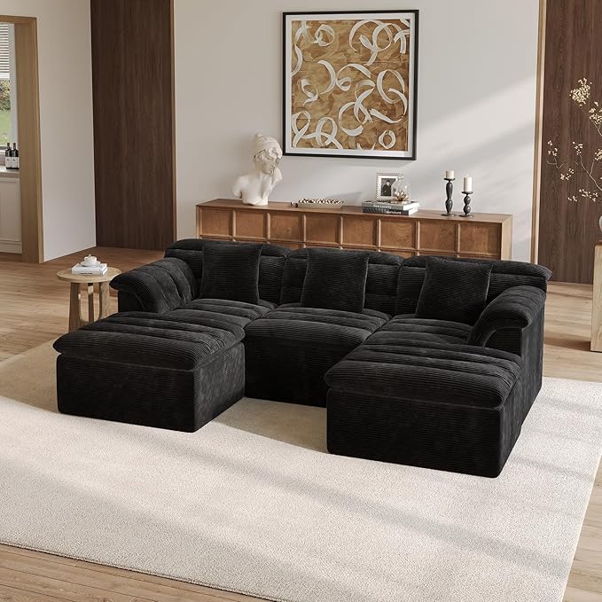 SUNG7 111.8" Modular Sofa with Ottoman, Boneless Cloud Couch with Deep Seat, Comfy U-Shape Corduroy Couches for Living Room, No Assembly Required, Black