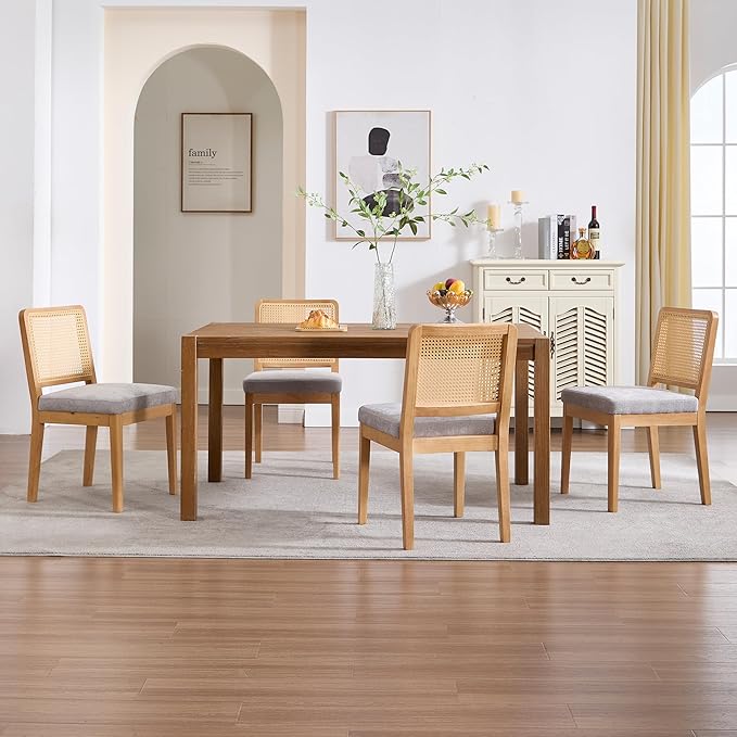 Farmhouse Rattan Dining Chairs Set of 4, Mid Century Modern Kitchen & Dining Room Chairs, Rectangle Cane Upholstered Kitchen Chairs Side Chairs with Natural Wooden Legs, Grey Chenille