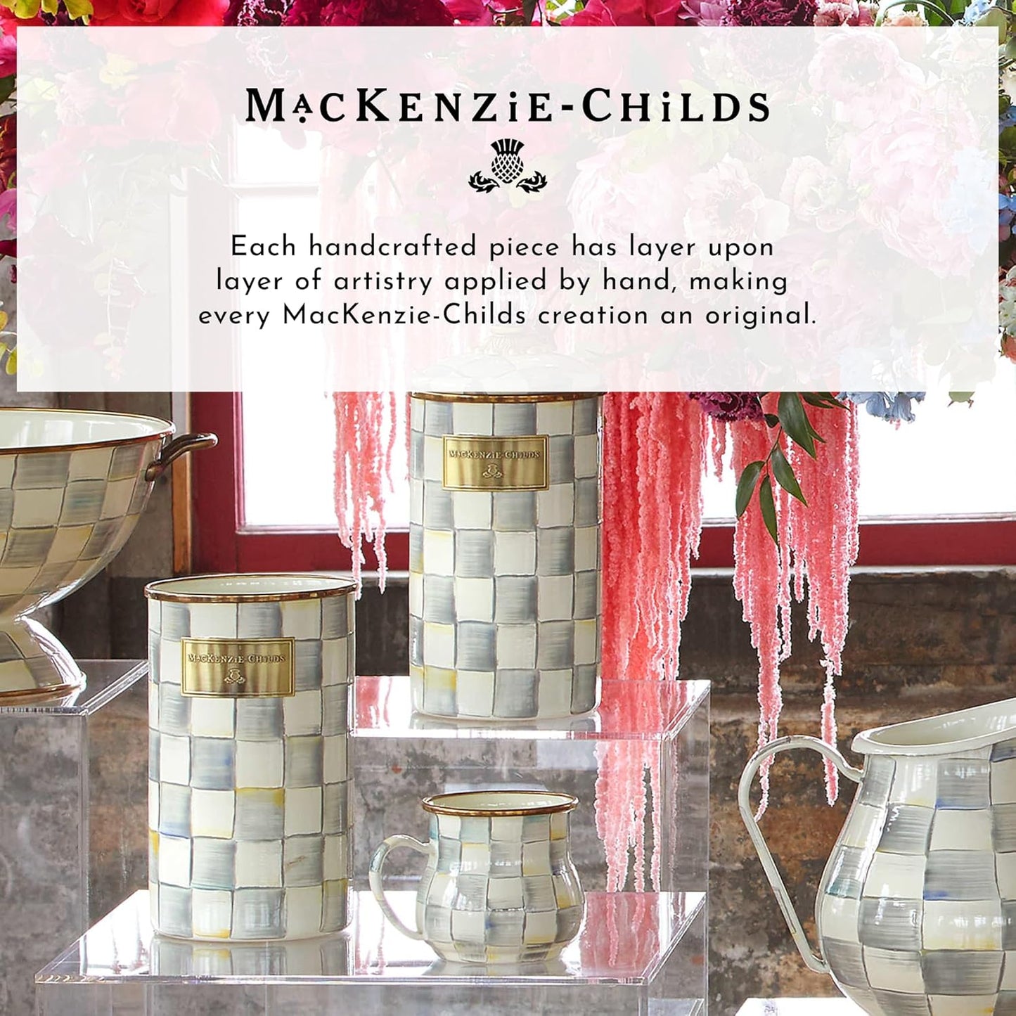MACKENZIE-CHILDS Enamel Breakfast Bowl, Unique Soup Bowl or Cereal Bowl, Dinnerware, Sterling Check, Set of 4