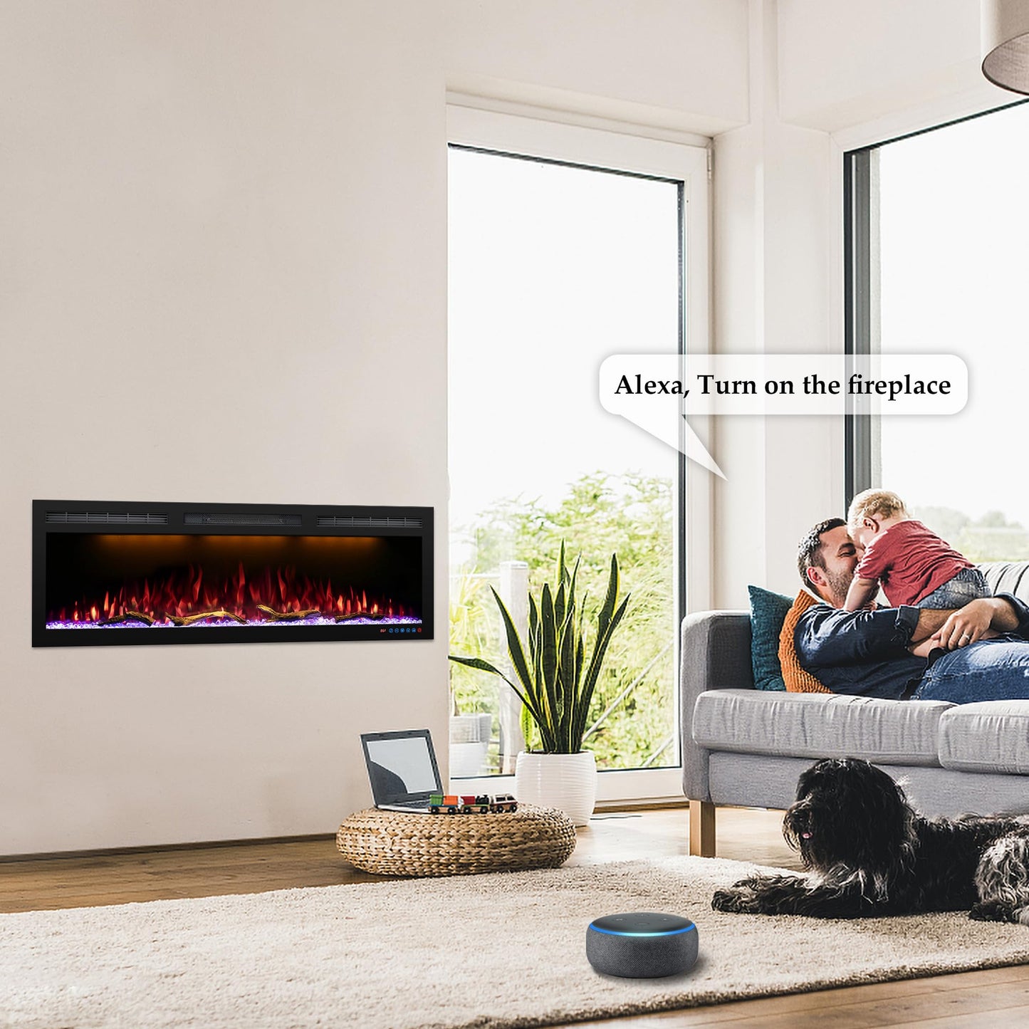 95 inch Electric Fireplace Heater, WiFi-Enabled Control via Alexa& App, Recessed and Wall Mounted Fireplace Insert w/Multicolor Realistic Flame Effects,Crackling Sound and Loget, 5100Btus, Black