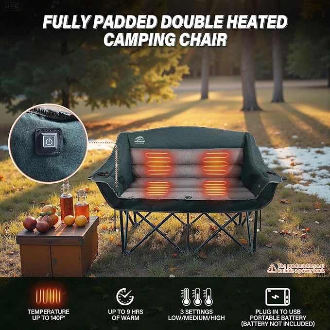 LANMOUNTAIN Heated Double Camping Chairs,3 Heat Levels Padded Portable Loveseat w/Wine Glass Holder,Cup Holder,Heating Outdoor Camp Couch Support 600 Lbs,Dark Green,Battery NOT Included