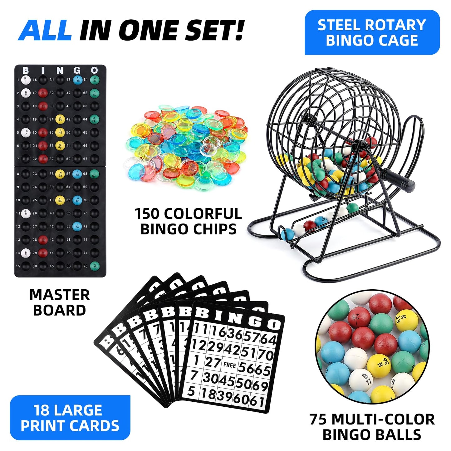 Homwom Deluxe Bingo Game Set Includes 18 Mixed Cards, 150 Vibrant Chips, 75 Calling Balls, 8” Bingo Cage - Premium Bingo Set for Large Groups and Parties