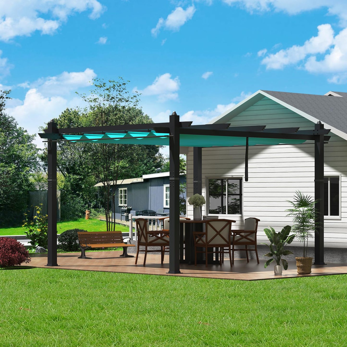 10x13 Ft Aluminum Pergola with Retractable Canopy and Netting, Modern Outdoor Patio Shade Shelter with Wood-Look Frame, Ideal for Backyard, Deck, or Porch