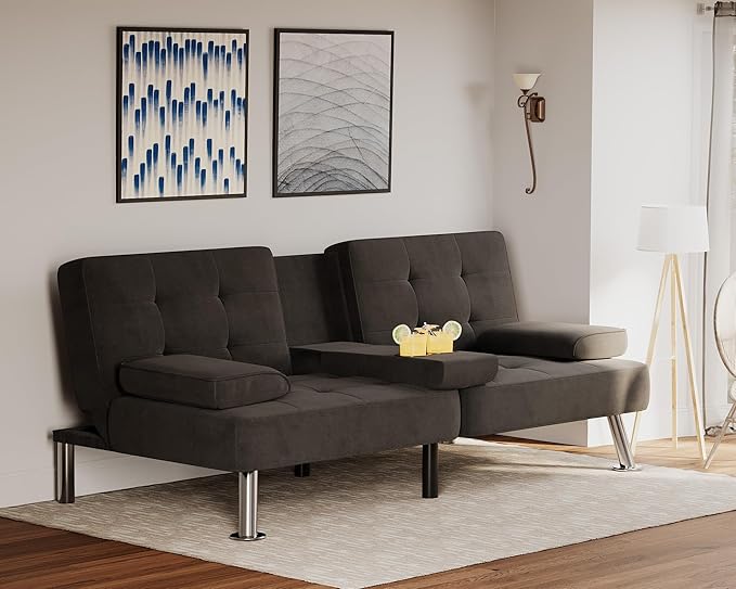 Flamaker Futon Sofa Bed Modern Folding Futon Set Linen Fabric Convertible Recliner Lounge for Living Room with 2 Cup Holders, Removable Armrests (Fabric, Black)