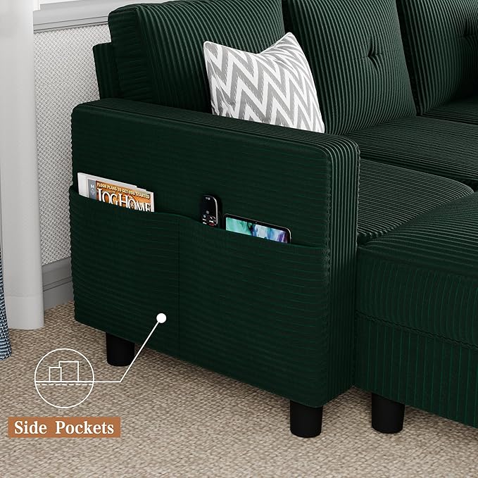 Shintenchi 76" Modern Upholstered Sectional Sofa, L-Shaped Couch with Storage Ottoman and Reversible Chaise for Living Room, Green Linen Fabric