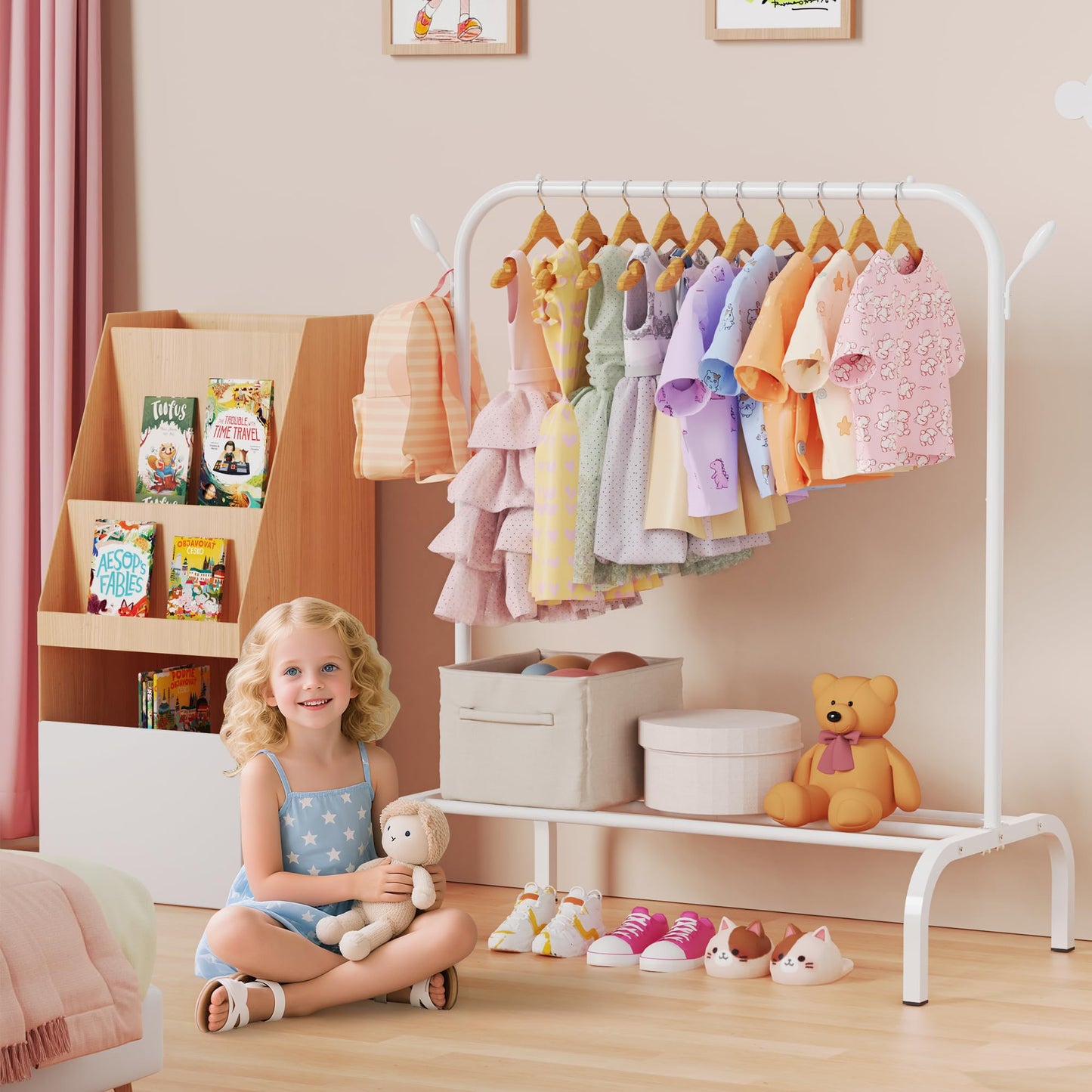 Upgraded Kids Clothing Rack - Dress Up Clothes Rack Baby Toddler Montessori Wardrobe- Small Portable Garment Racks with Storage Shelf and Hooks - for Costumes, Princess Dresses & Shoes, White
