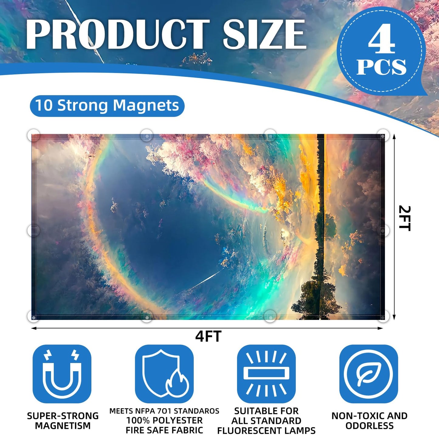 ANGSYLTH 4 Pcs Fluorescent Light Covers - Classroom, Office 4 x 2 Feet Flame Retardant Magnetic Covers for Ceiling Lights Filters (Auspiciousness Clouds)