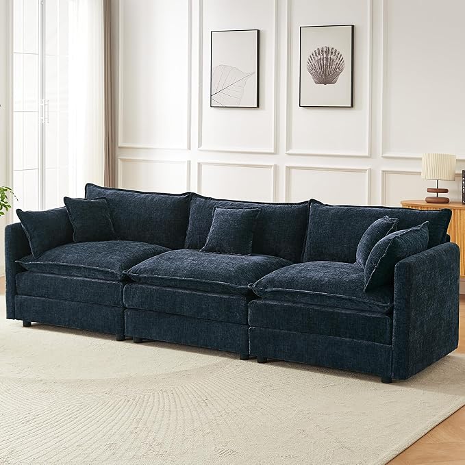 saows Modular Sectional Sofa, 112.2 Inch Rectangle Shaped Couch Set with Armrests, 3-Seater Comfy Cloud Couches for Living Room Apartment, Blue