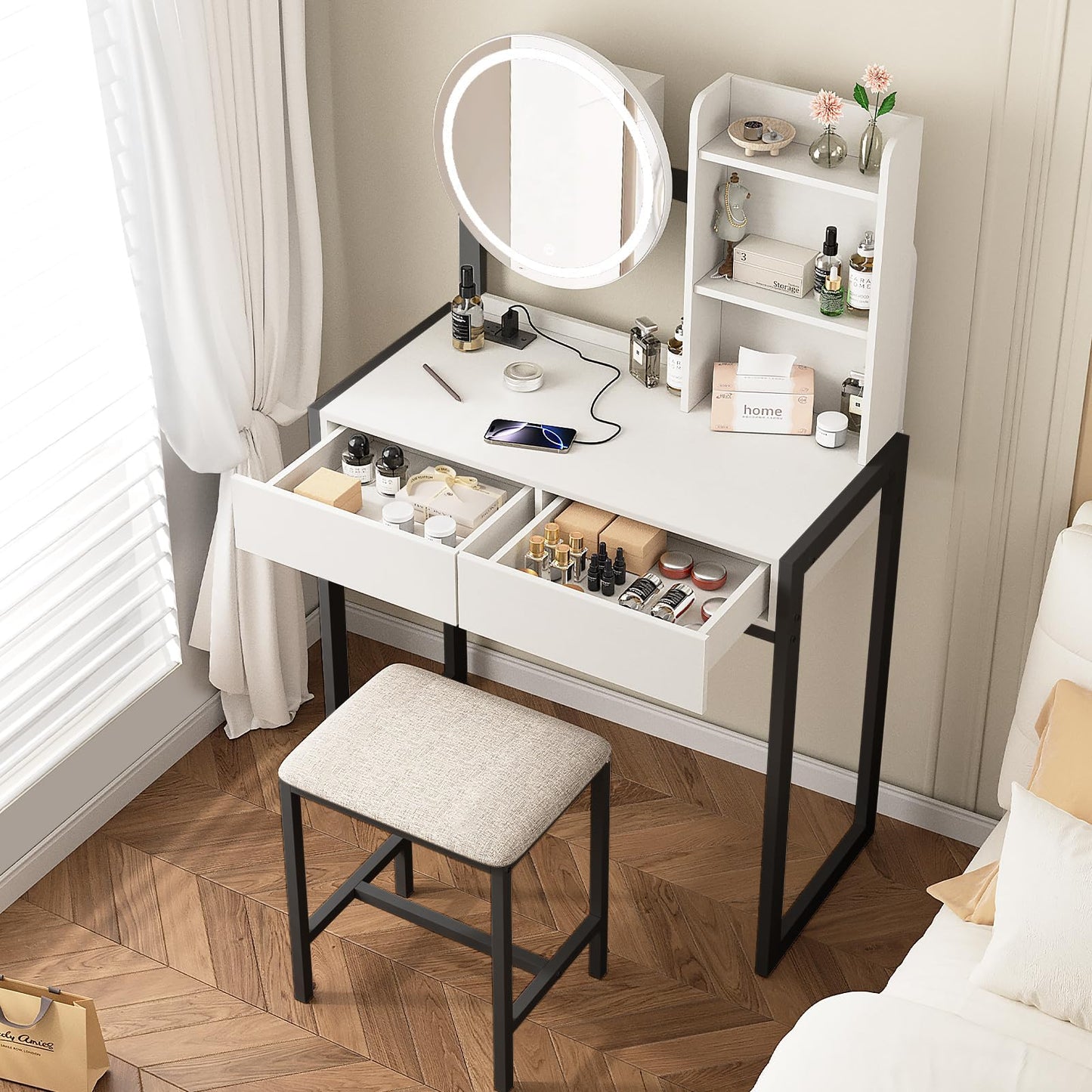 KEIKI Makeup Vanity Desk with Smart LED Mirror & Charging Station, 31.5" Vanity Table Set with 4 Drawers, Storage Shelves & Cushioned Stool, Modern Studio Bedroom Dressing Table, White and Black