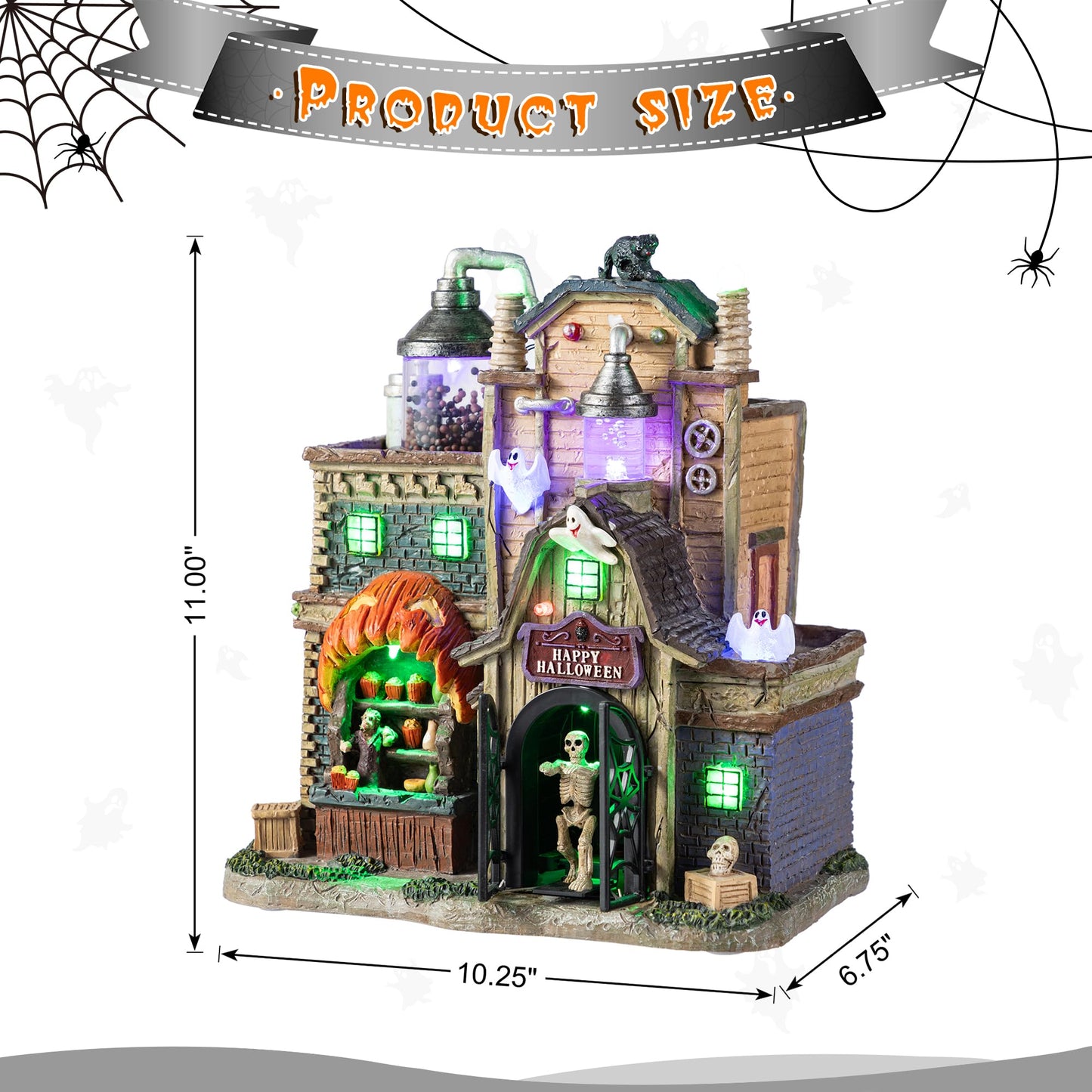 Glitzhome Halloween Decorations, 11" H Lighted Halloween Village Houses Decor with LED Lights, Resin Haunted Spooky Town for Home Party Table Desk Mantel Ornaments