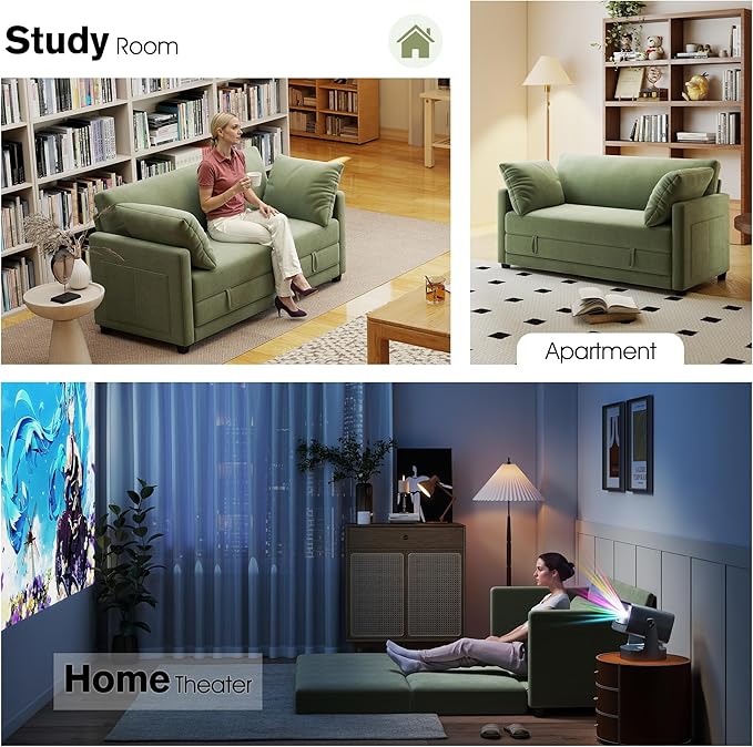 kakuboohi 65" Loveseat Sleeper Sofa Bed, Corduroy Convertible Sofa Bed for Small Spaces, Folding Couch Bed with Deep Seat, 2 Pillows & Solid Frame, Pull Out Floor Couches for Living Room, Green