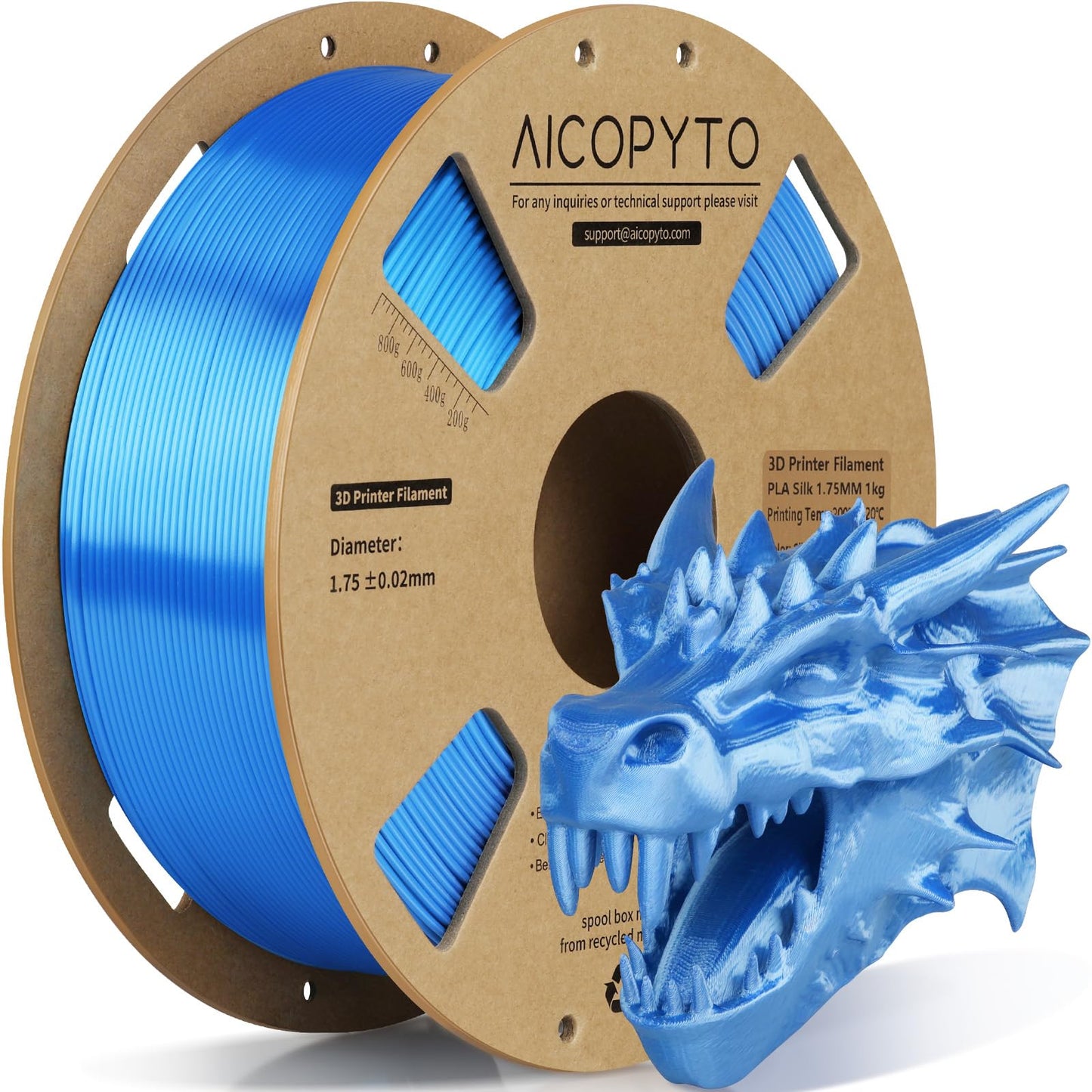 AICOPYTO Silk Blue PLA Filament 1.75mm, 3D Printer Filament Silk PLA 1KG Spool (2.2lbs) Dimensional Accuracy Probability +/- 0.0