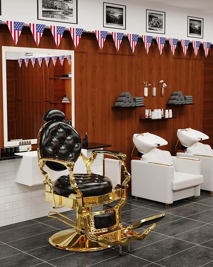 Baasha Vintage Reclining Barber Chair with Adjustable Headrest, Heavy-Duty Metal Frame & Cushion Support, Gold Trim Salon Chair, 550 lbs Capacity