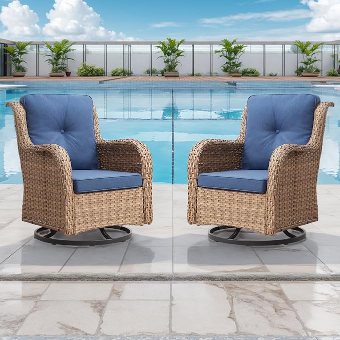 Rilyson Patio Chairs Wicker Outdoor Chair - 6 Piece Rattan Patio Swivel Rocking Chairs Set with Glass Top Side Table for Porch Deck Backyard(Yellow/Blue)