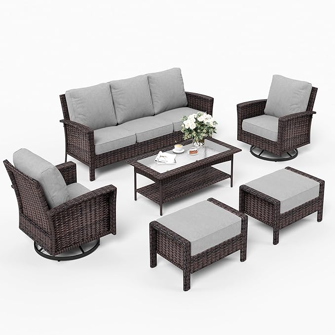 SUNSHINE VALLEY 6 Piece Patio Furniture Set with Swivel Chairs, High Back Wicker Rattan Sofa with Extra Thick Cushion, Coffee Table and Ottoman, Outdoor Conversation Set for Backyard Deck, Grey