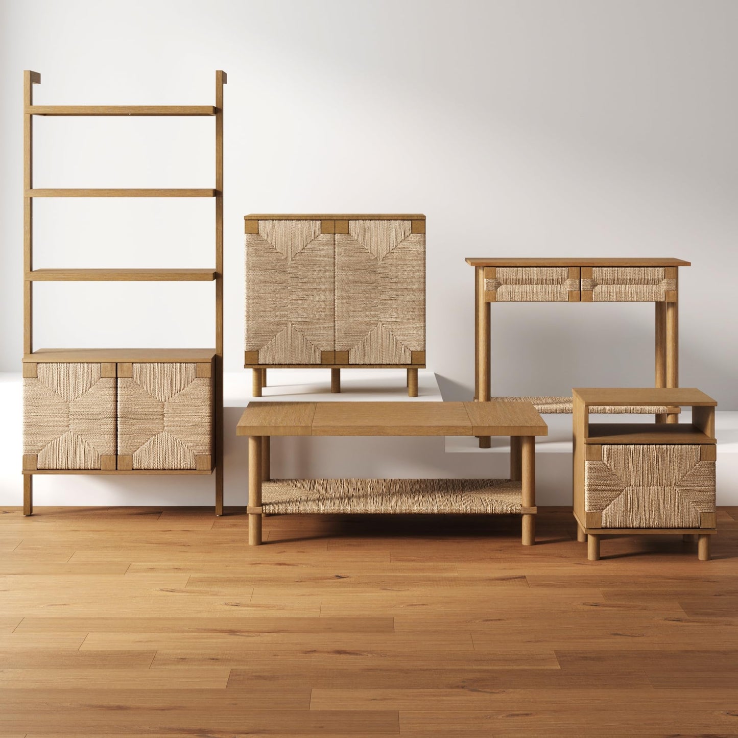 Nathan James Beacon 3-Shelf Solid Wood Bookshelf with Storage Cabinet, Bohemian Wall Mounted Shelf with Seagrass Door Fronts