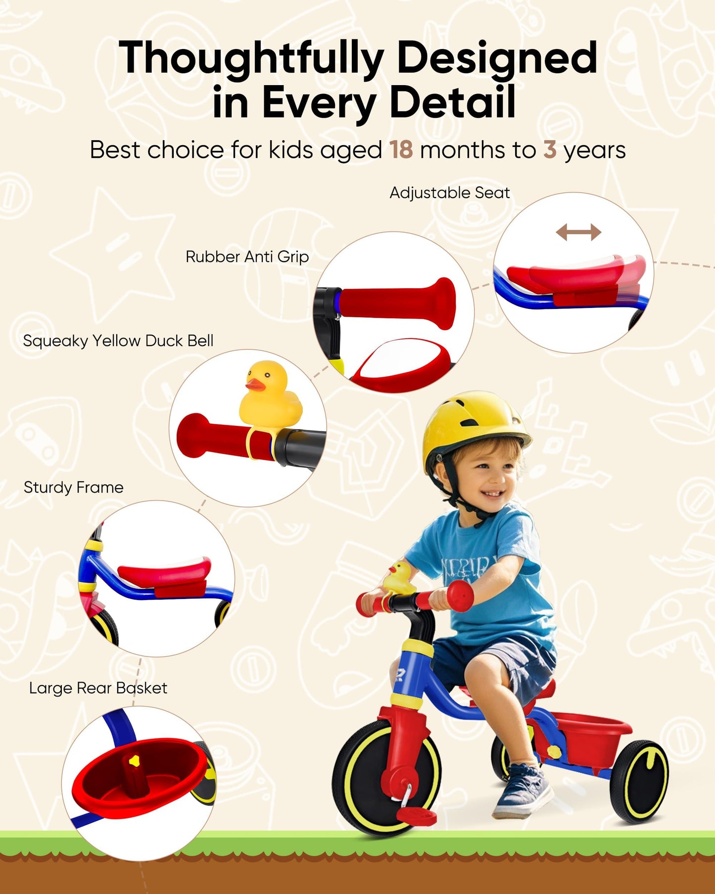 RIDYEE Tricycle for Toddlers 1.5-3 Years, Tricycles for 18 Mos to 3 Years with PU Tires, Stable Riding on Any Surface, Toddler Tricycle with Adjustable Seat, Non-Sharp Edge Design, Large Basket, Blue