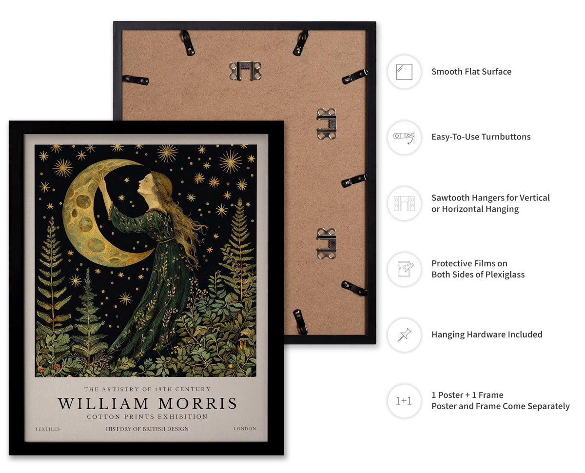 Monem Art William Morris Poster - Victorian Moon Print - Botanical Art - Exhibition Art - Moon and Stars Art - Floral Art - Aesthetic Living Room or Bedroom Wall Decor - 11x14 Black Framed