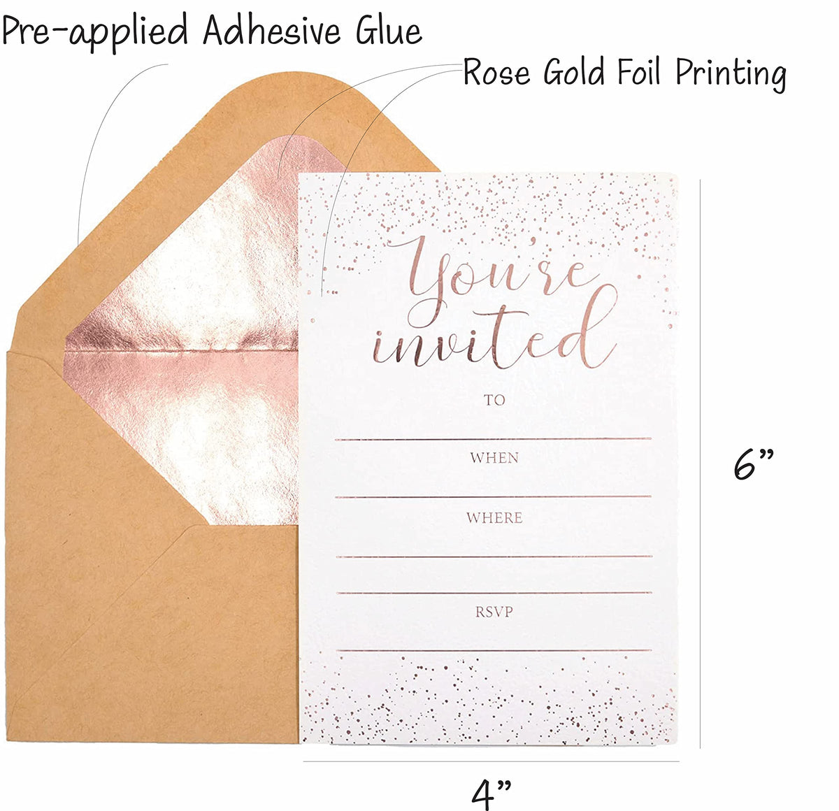 Invitation Cards - 24-Count 4" x 6" White Invitation Cards ‘’You Are Invited’’ in Rose Gold Foil with 26 Foil Kraft Envelopes – Invitation Cards For Wedding, Bridal Shower, Baby Shower, Birthday