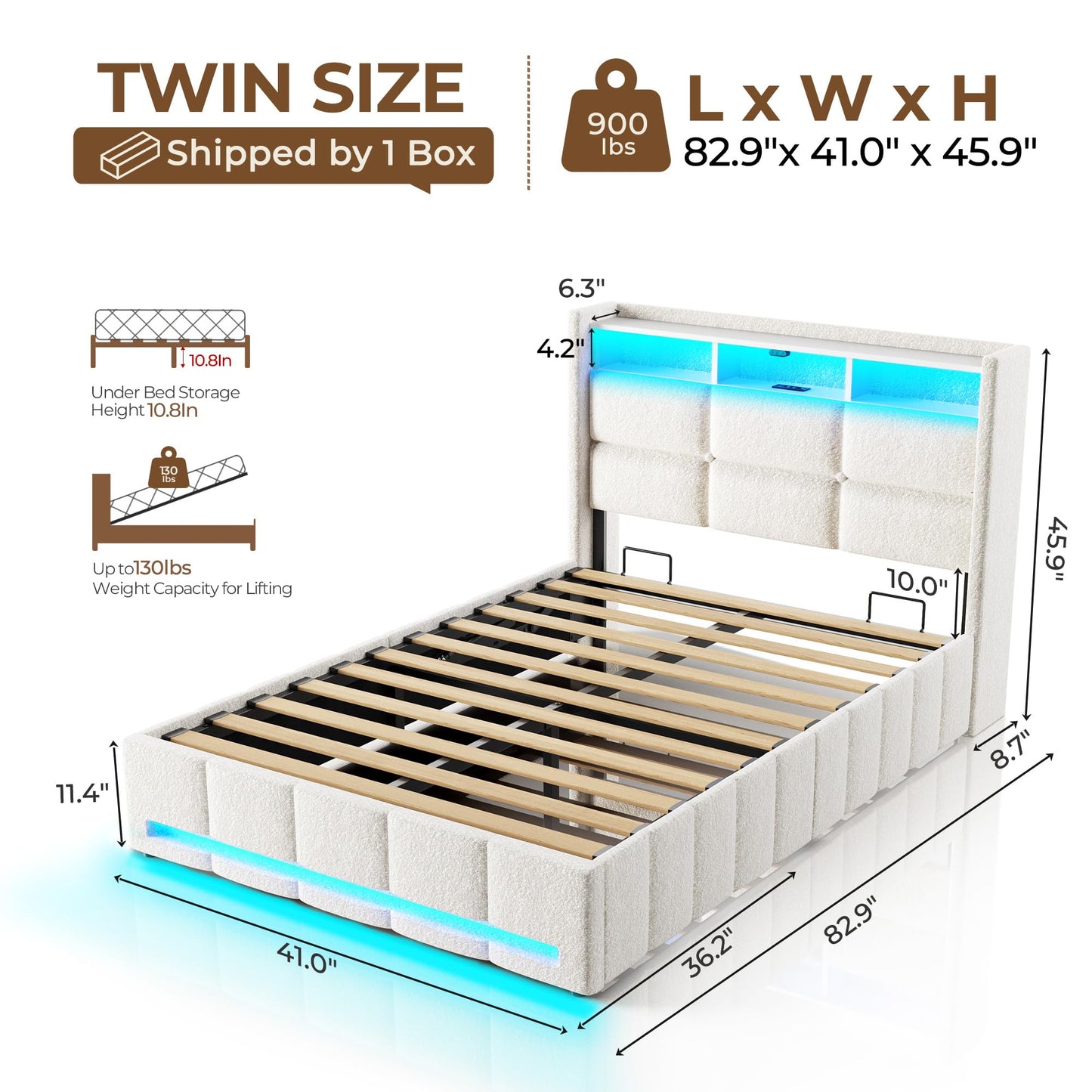Rolanstar Bed Frame Twin Size with Lift Up Storage, Charging Station & LED Lights, Upholstered Storage Headboard, Heavy Duty Wooden Slats, No Box Spring Needed, Noise Free, Easy Assembly, Beige