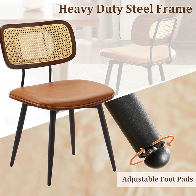 Quenvo Swivel Dining Chairs with Rattan Back, Modern Brown Leather Dining Chairs Set of 4, Swivel Dining Room Chairs Kitchen Side Chairs with Metal Legs and Upholstered Seat for Kitchen & Restaurant