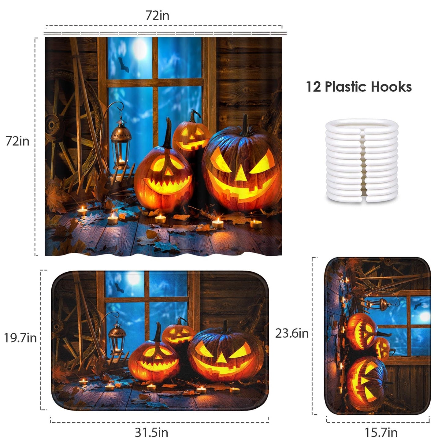 Arttown Halloween Night Bathroom Sets with Shower Curtain and Rugs and Accessories, Pumpkin Ghost Black Shower Curtain Sets, Spooky Shower Curtains for Bathroom, All Saints' Day Bathroom Decor 3 Pcs