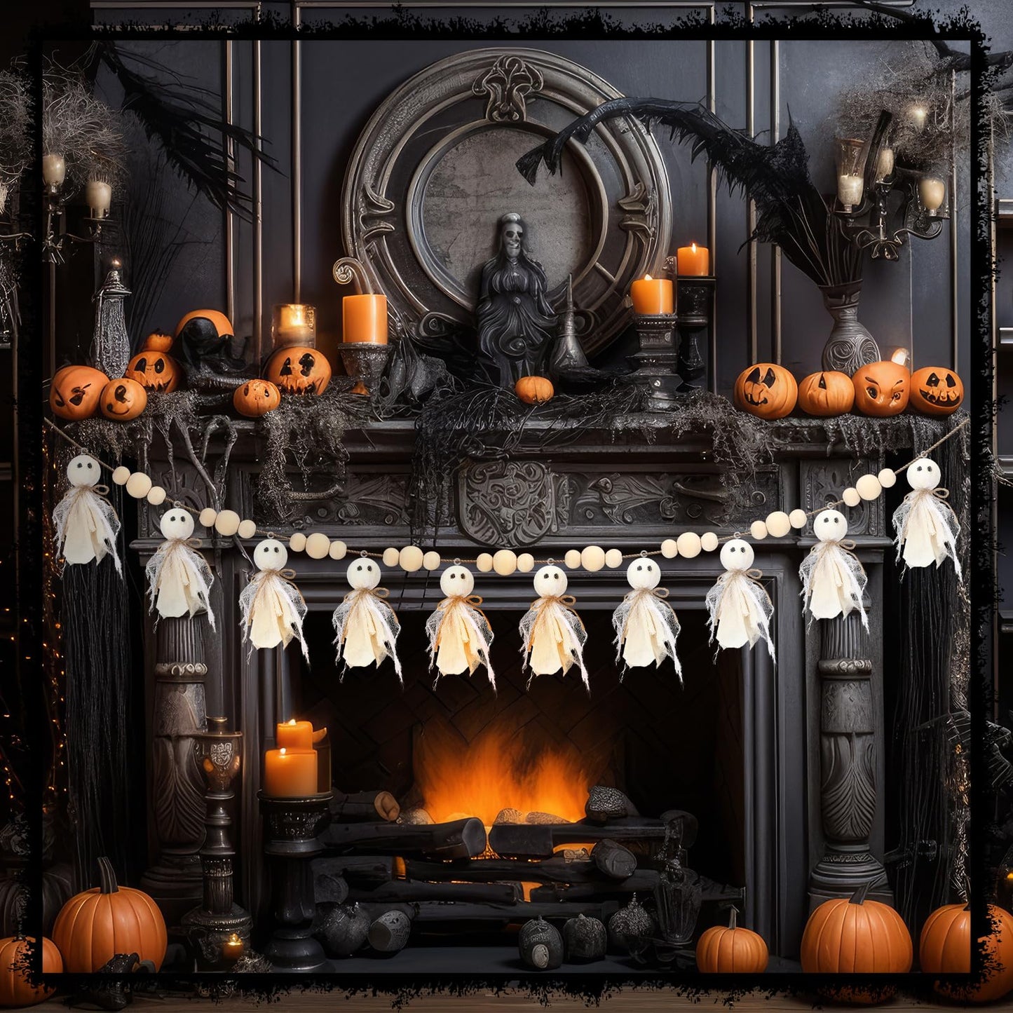 Fanfanwin 7Ft Halloween Garland Cute Halloween Ghost with Wooden Beads Garlands Rustic Ghost Banner for Wall Home Indoor Outdoor Fall Decor Supplies (White)