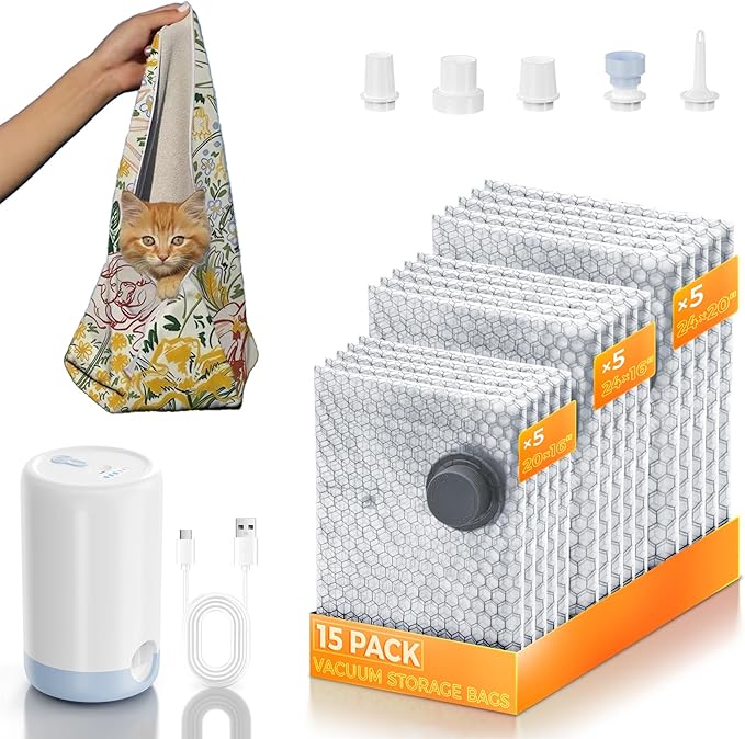 Travel Vacuum Storage Bags, Compression Packing Seal Bag for Luggage and Suitcase with Rechargeable Electric Pump 15 Pack, Space Saver Bags for Clothing Travel