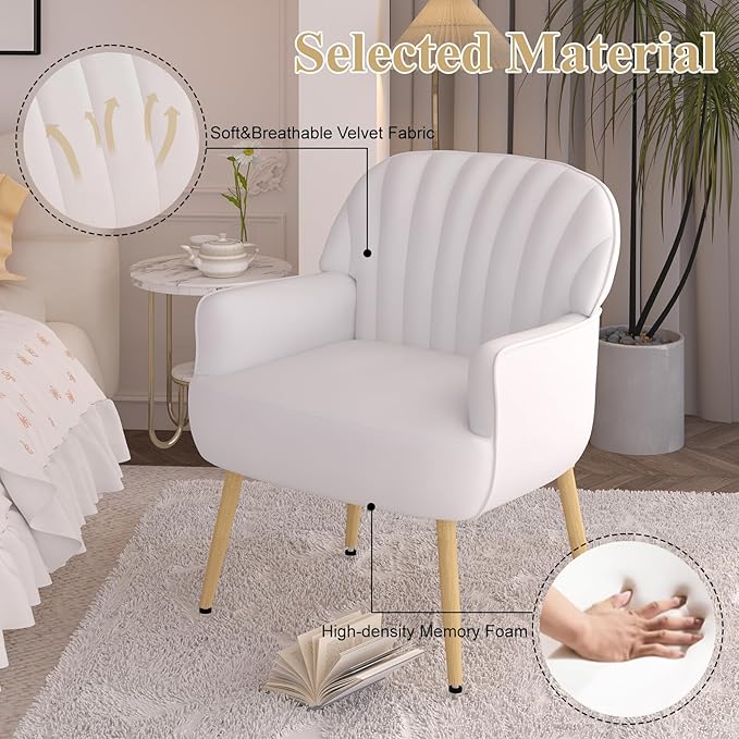 Holiway Velvet Accent Chair, Modern Upholstered Single Living Room Chairs with Tufted Back, Cozy Sofa Side Armchair with Metal Legs for Bedroom/Office/Reading Room, Beige