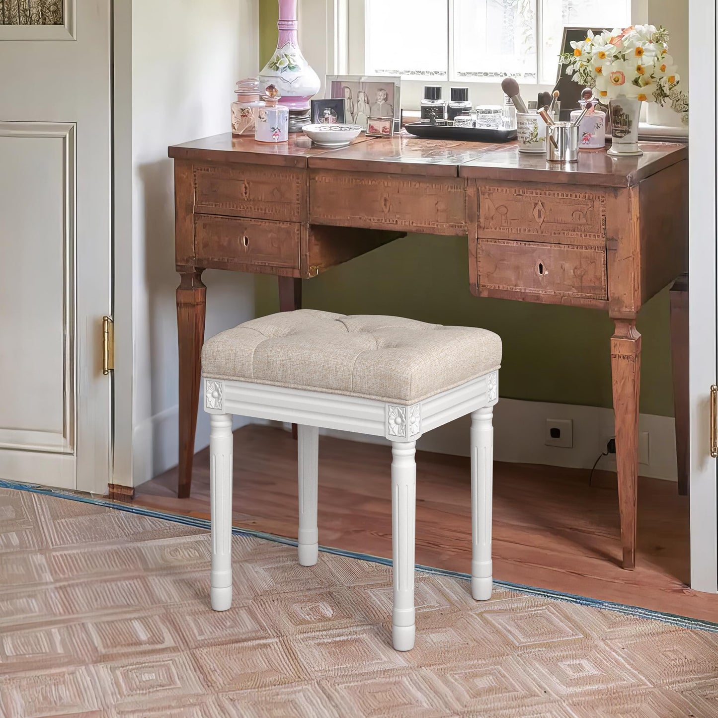 LUE BONA Upholstered Fabric Vanity Bench Seat, Makeup Stools for Vanity, Square Tufted Ottoman Bench with Carved White Legs for Bedroom Living Room, Linen Color